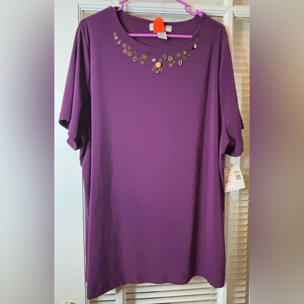 Sag Harbor Purple Embellished Short Sleeve Blouse-size 2x